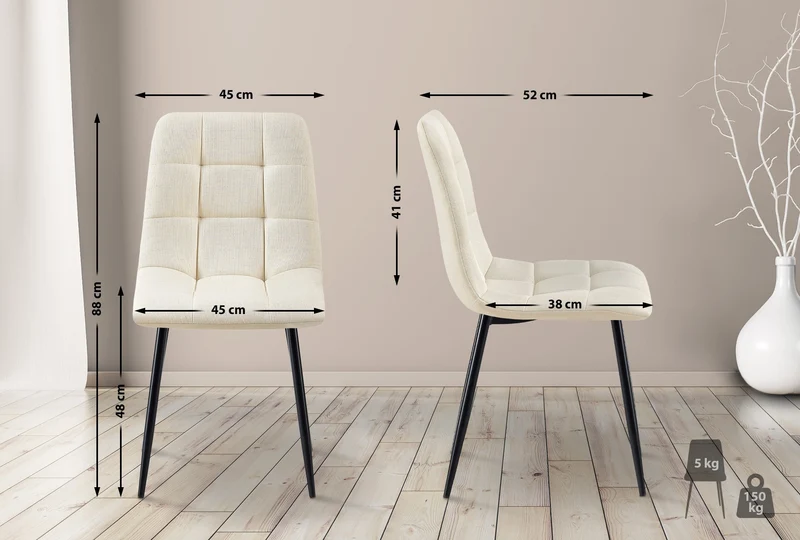 Chaise de salle à manger x1 coutures décoratives carrées en tissu crème et métal noir 10_0002142