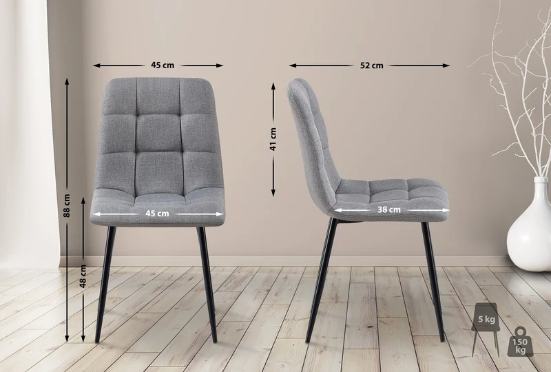 Chaise de salle à manger x1 coutures décoratives carrées en tissu gris et métal noir 10_0002138