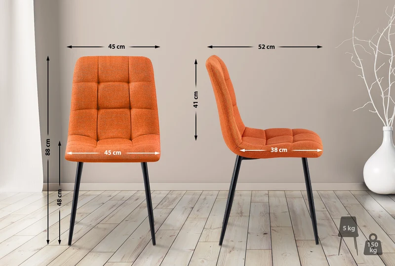 Chaise de salle à manger x1 coutures décoratives carrées en tissu orange et métal noir 10_0002143