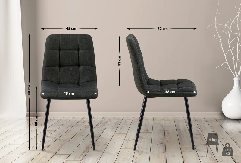 Chaise de salle à manger x1 coutures décoratives carrées en tissu gris foncé et métal noir 10_0002137