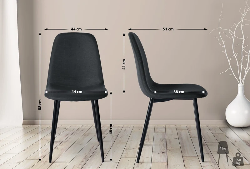Chaise de salle à manger x1 design simple avec pieds en métal noir assise en tissu noir 10_0002073
