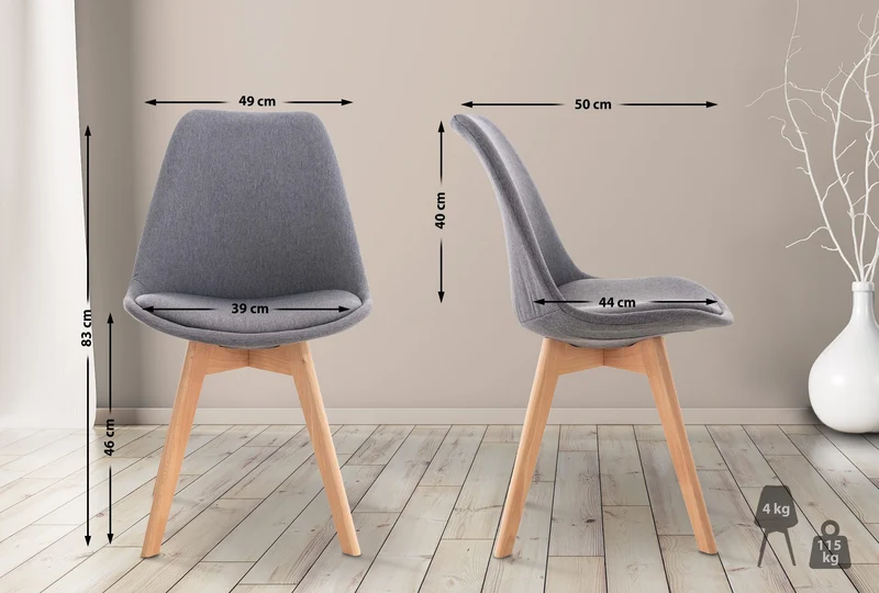 Chaise de salle à manger x1 design scandinave en tissu gris et pieds en bois clair 10_0002295