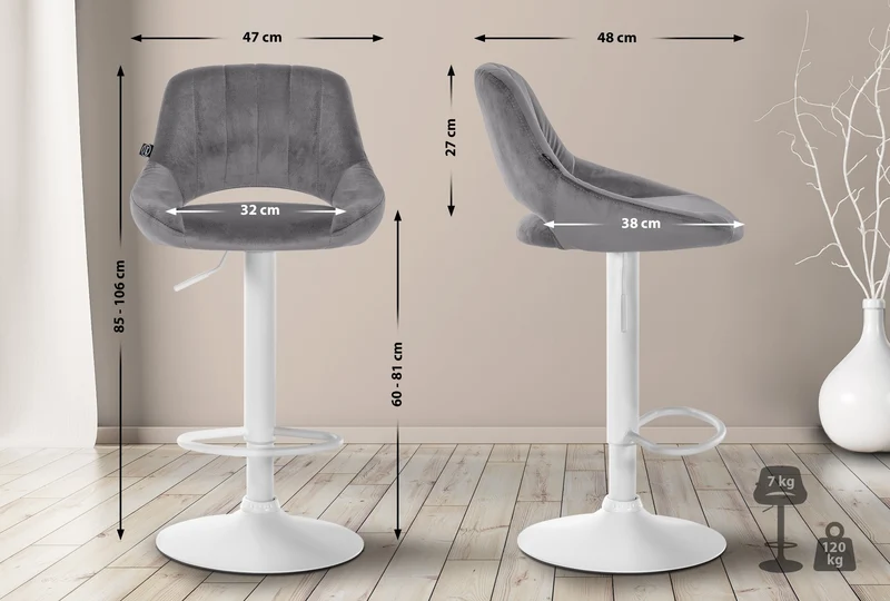 Lot de 2 tabourets de bar réglables en velours gris foncé dossier ajouré et pied métal blanc 10_0006264