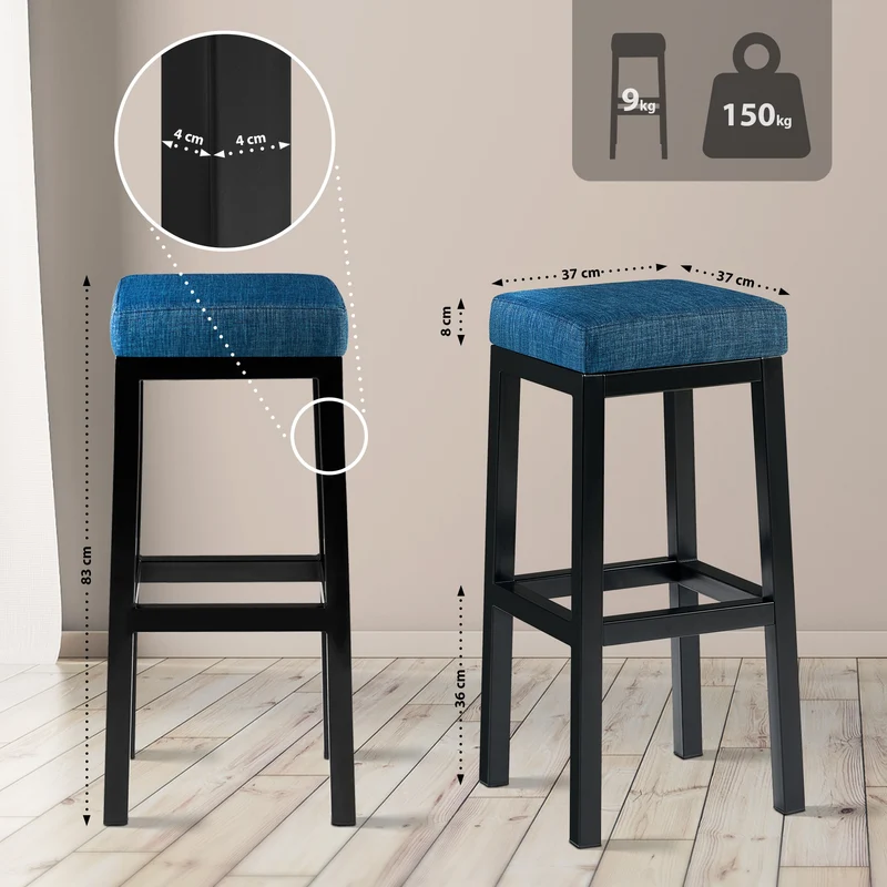 Tabouret de bar x1 assise carrée rembourrée en tissu bleu hauteur d'assise 83 cm structure en métal noir 10_0005756