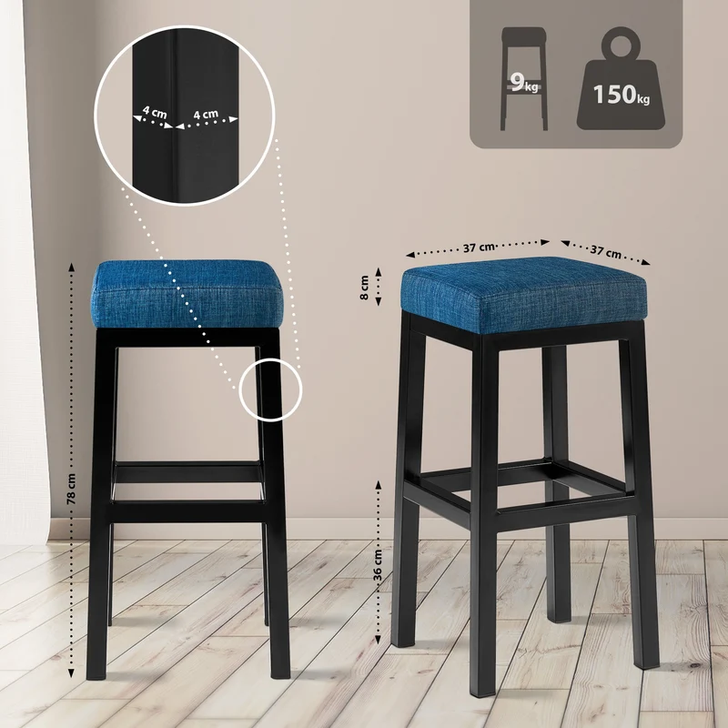 Tabouret de bar x1 assise carrée rembourrée en tissu bleu hauteur d'assise 78 cm structure en métal noir 10_0005754