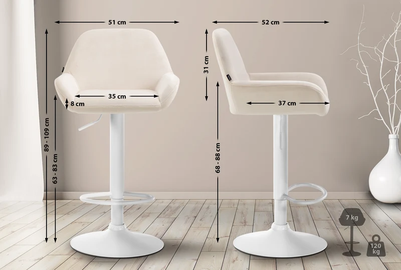 Lot de 2 tabourets de bar avec repose-pieds et accoudoirs en similicuir crème piètement en trompette métal blanc 10_0006885