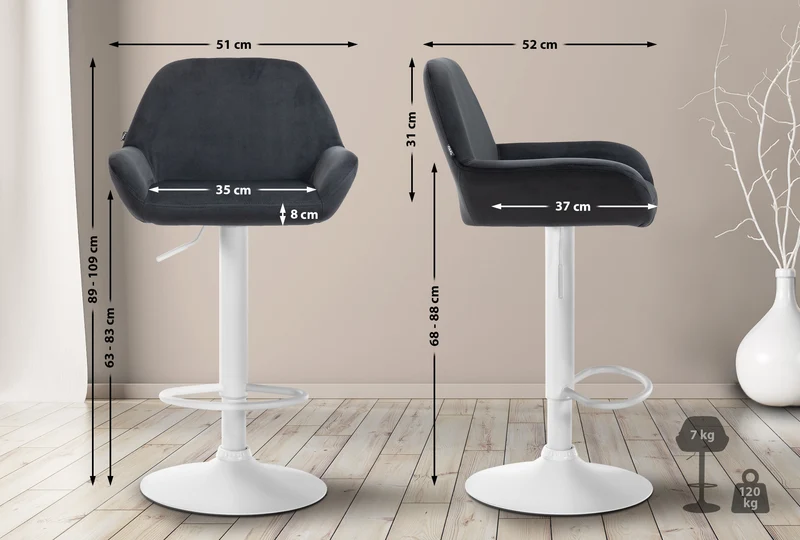 Lot de 2 tabourets de bar avec repose-pieds et accoudoirs en velours noir piètement en trompette métal blanc 10_0006348