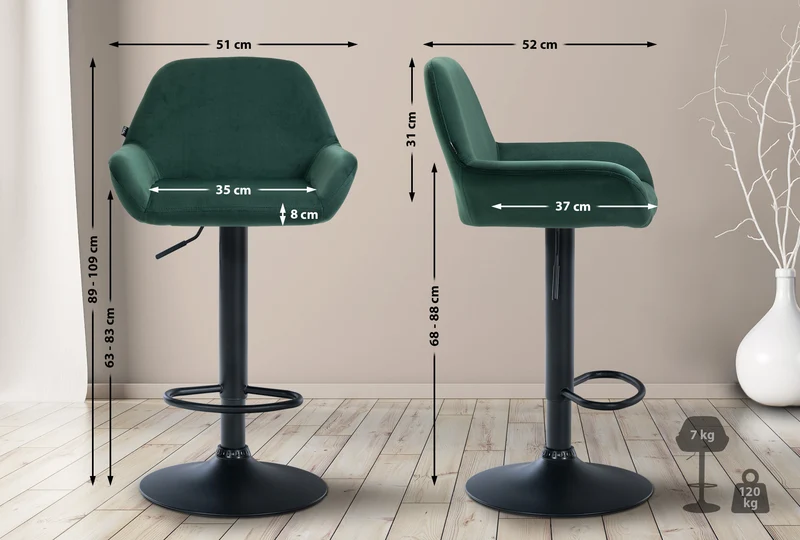 Lot de 2 tabourets de bar avec repose-pieds et accoudoirs en velours vert piètement en trompette métal noir 10_0006116