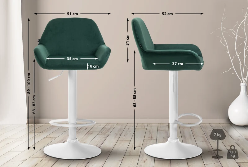 Lot de 2 tabourets de bar avec repose-pieds et accoudoirs en velours vert piètement en trompette métal blanc 10_0006115