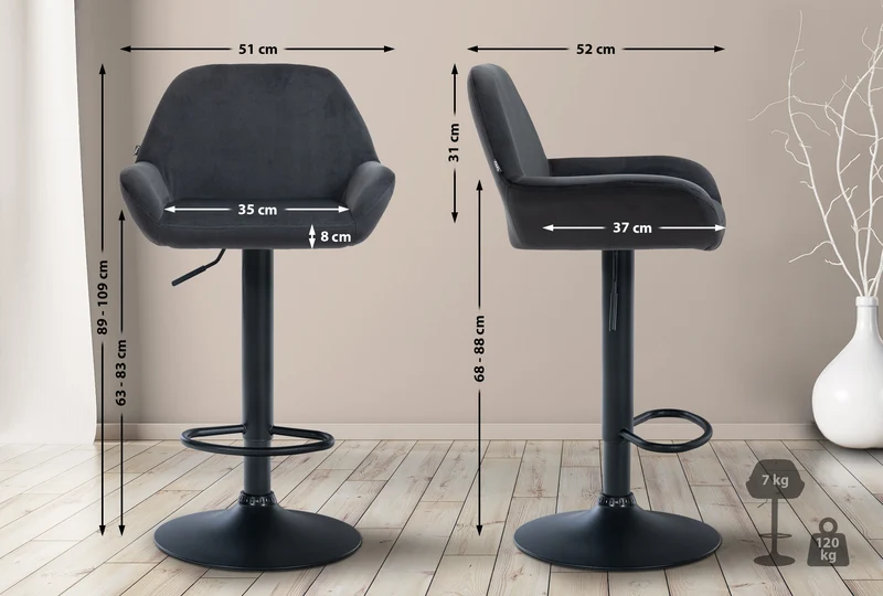 Lot de 2 tabourets de bar avec repose-pieds et accoudoirs en velours noir piètement en trompette métal noir 10_0005987