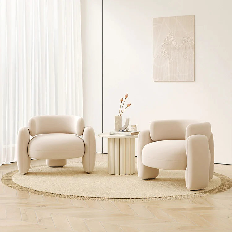 Contemporary Scandinavian Cream Round Curve Plywood Eucalyptus Wood Velvet Accent Chair Backrest Armrest For Living Room