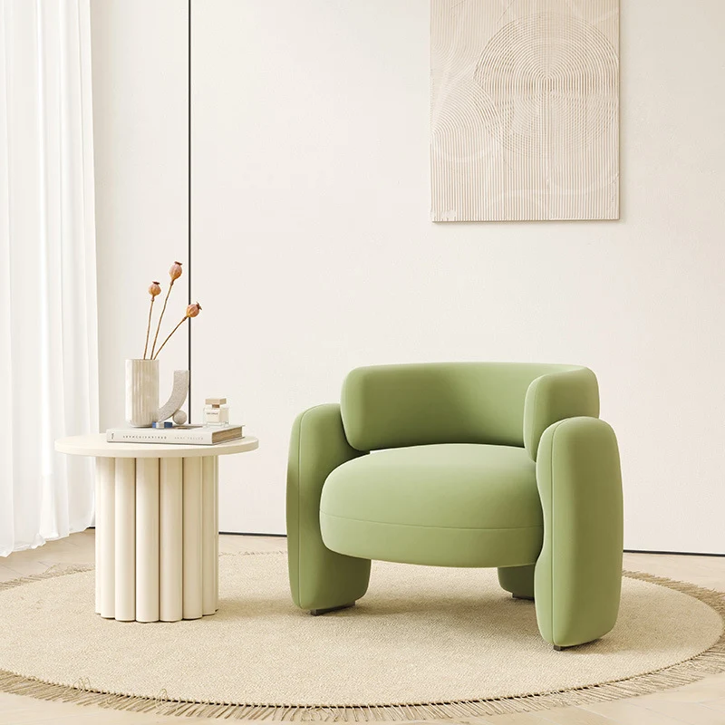 Contemporary Scandinavian Cream Round Curve Plywood Eucalyptus Wood Velvet Accent Chair Backrest Armrest For Living Room