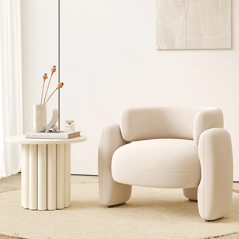 Contemporary Scandinavian Cream Round Curve Plywood Eucalyptus Wood Velvet Accent Chair Backrest Armrest For Living Room