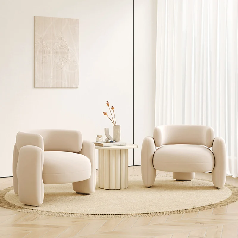 Contemporary Scandinavian Cream Round Curve Plywood Eucalyptus Wood Velvet Accent Chair Backrest Armrest For Living Room