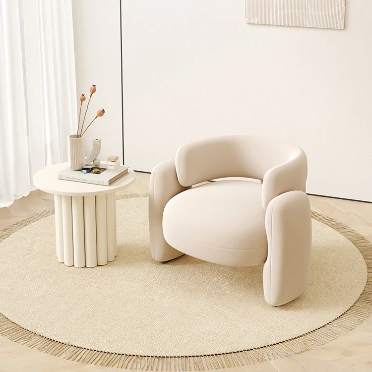 Contemporary Scandinavian Cream Round Curve Plywood Eucalyptus Wood Velvet Accent Chair Backrest Armrest For Living Room