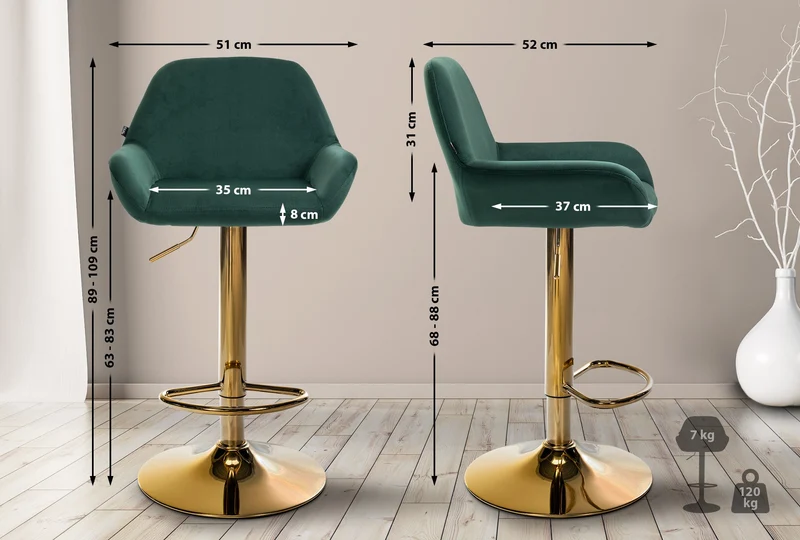 Tabouret de bar x1 avec repose-pieds et accoudoirs en velours vert piètement en trompette métal doré 10_0005605