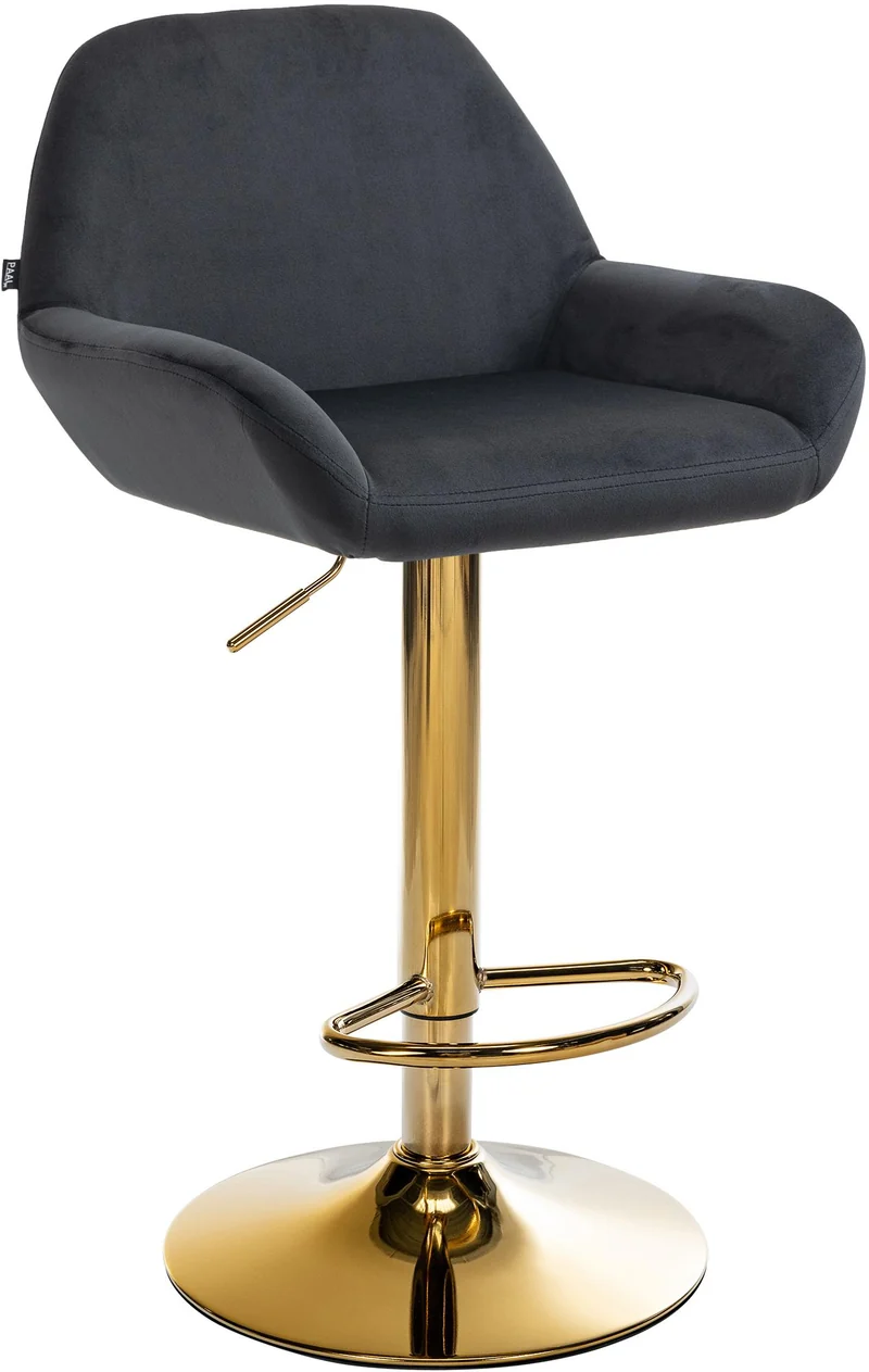 Tabouret de bar x1 avec repose-pieds et accoudoirs en velours noir piètement en trompette métal doré 10_0005604