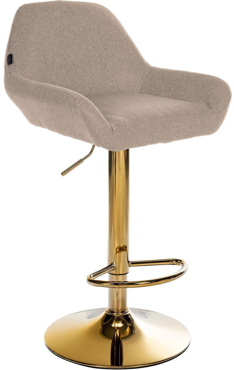 Tabouret de bar x1 avec repose-pieds et accoudoirs en tissu taupe piètement en trompette métal doré 10_0005603