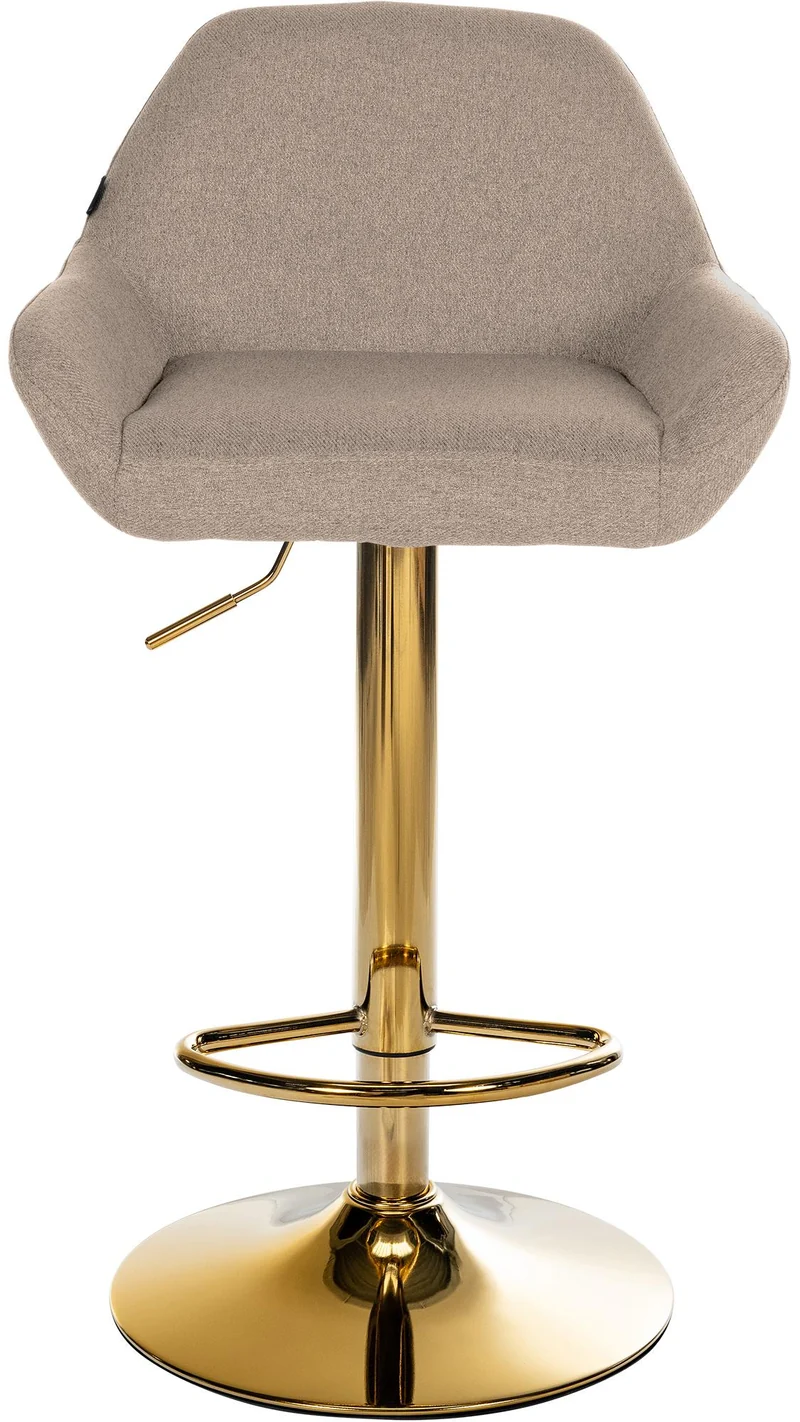 Tabouret de bar x1 avec repose-pieds et accoudoirs en tissu taupe piètement en trompette métal doré 10_0005603