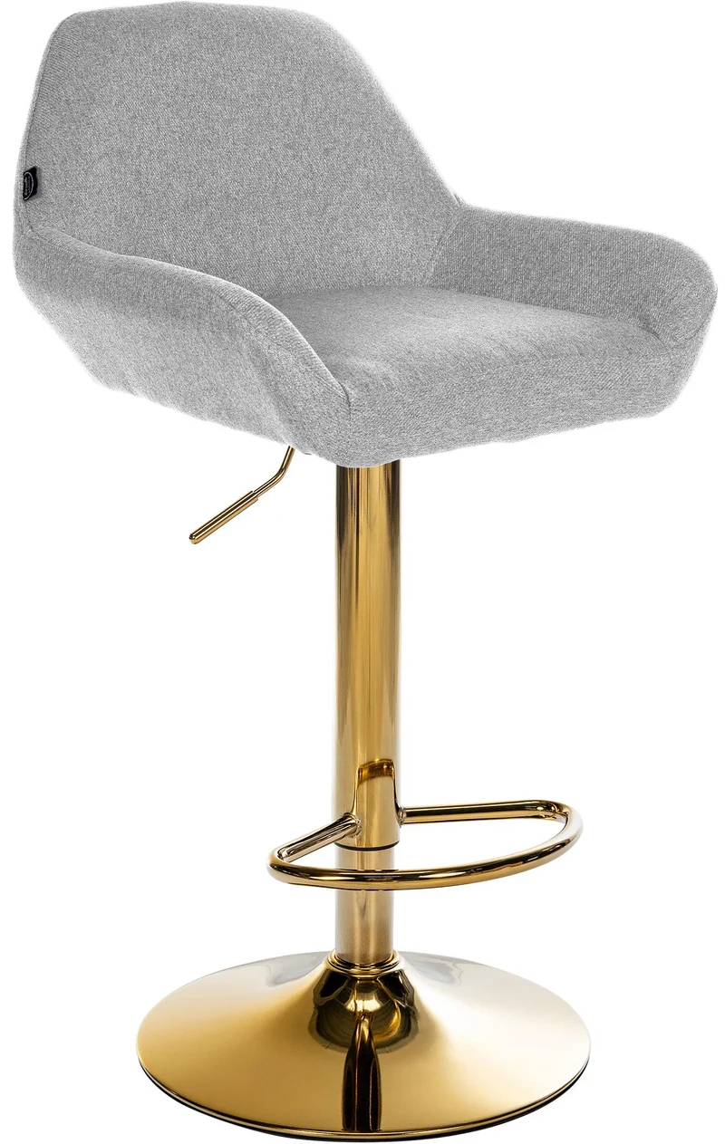 Tabouret de bar x1 avec repose-pieds et accoudoirs en tissu gris piètement en trompette métal doré 10_0005602