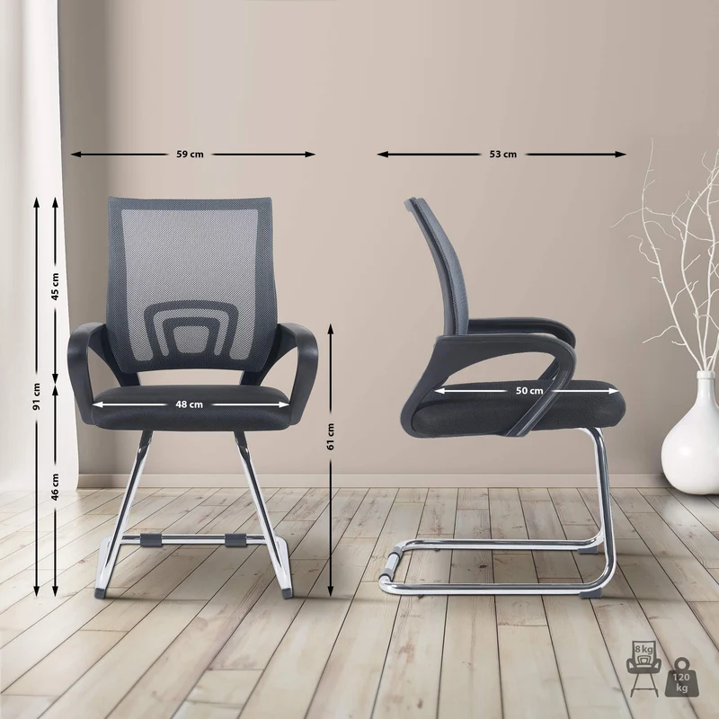 Lot de 2 chaises visiteurs dossiers ergonomiques incurvés en tissu gris cadre en métal chromé 10_0006240