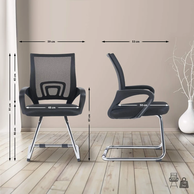Lot de 2 chaises visiteurs dossiers ergonomiques incurvés en tissu noir cadre en métal chromé 10_0006017