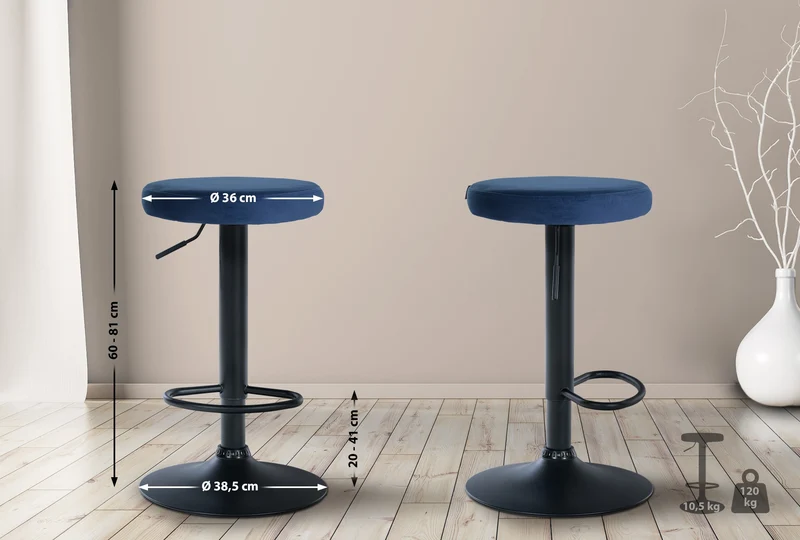 Tabouret de bar x1 design simple hauteur réglable revêtement en velours bleu pieds en métal noir 10_0006556