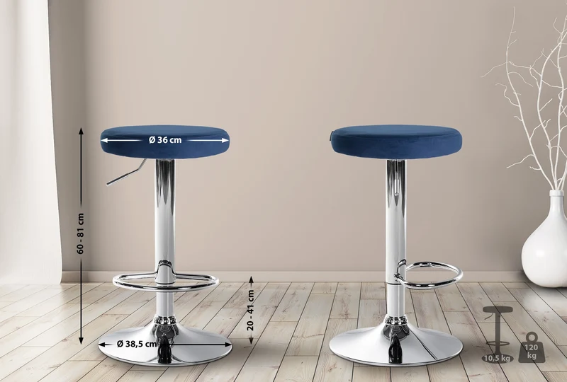 Tabouret de bar x1 design simple hauteur réglable revêtement en velours bleu pieds en métal chromé 10_0006555