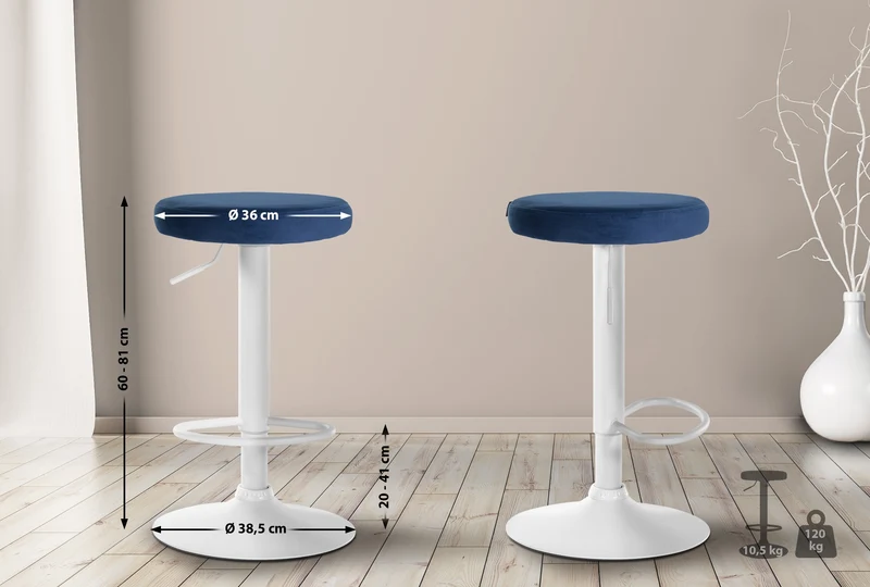 Tabouret de bar x1 design simple hauteur réglable revêtement en velours bleu pieds en métal blanc 10_0006554