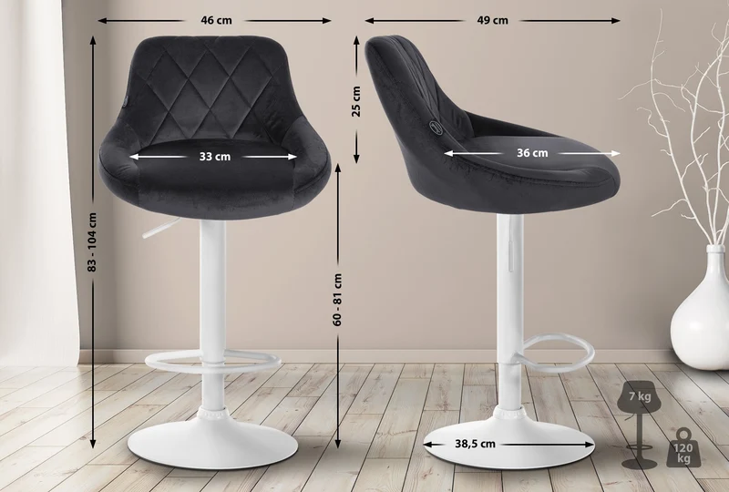 Lot de 2 tabourets de bar pivotant hauteur réglable en velours gris foncé surpiqûres décoratives cadre en métal blanc 10_0006895