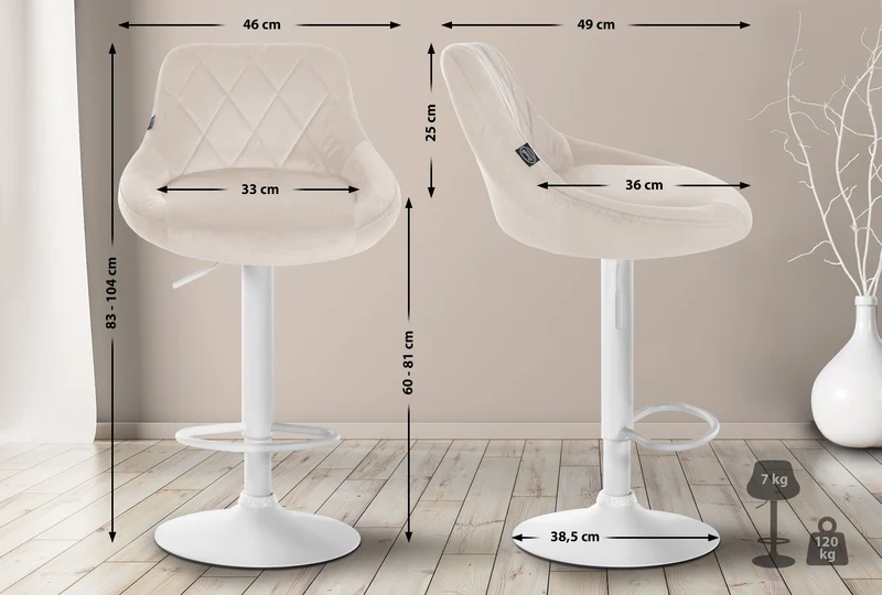 Lot de 2 tabourets de bar pivotant hauteur réglable en velours crème surpiqûres décoratives cadre en métal blanc 10_0006418