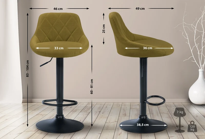 Tabouret de bar x1 pivotant hauteur réglable en tissu vert surpiqûres décoratives cadre en métal noir 10_0006364