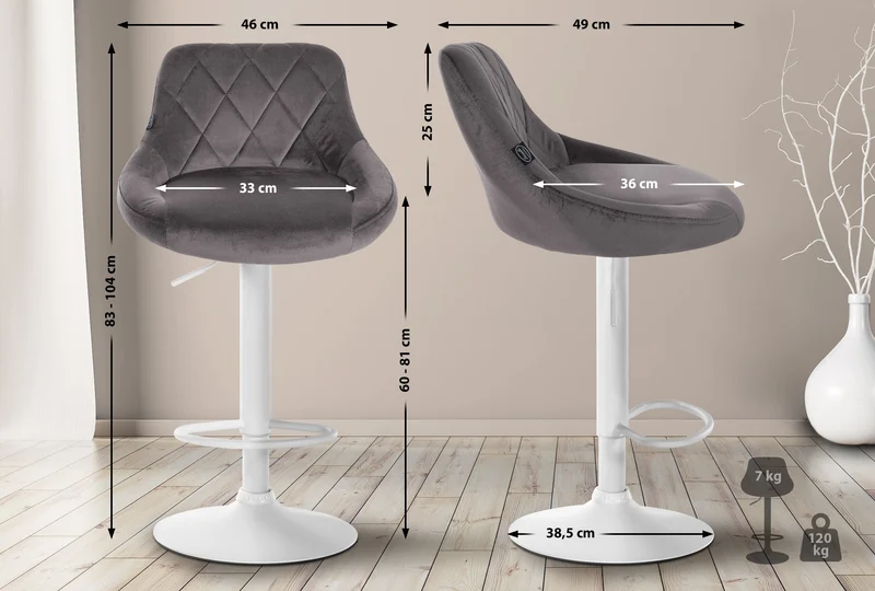 Lot de 2 tabourets de bar pivotant hauteur réglable en velours gris surpiqûres décoratives cadre en métal blanc 10_0006318