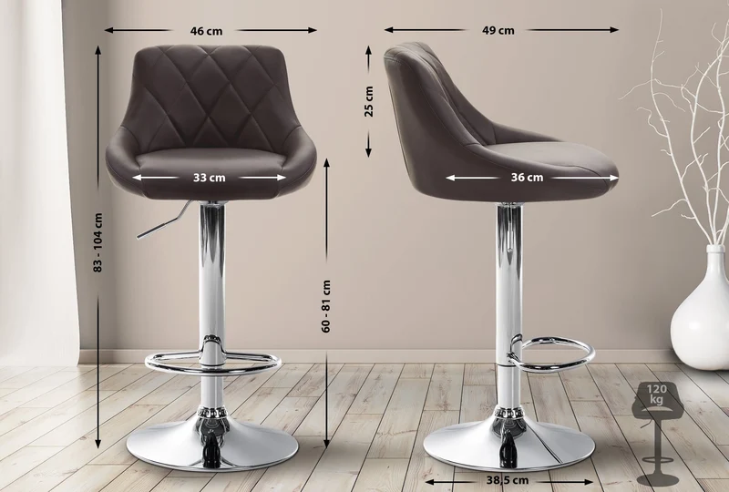 Tabouret de bar x1 pivotant hauteur réglable en similicuir marron surpiqûres décoratives cadre en métal chromé 10_0005989