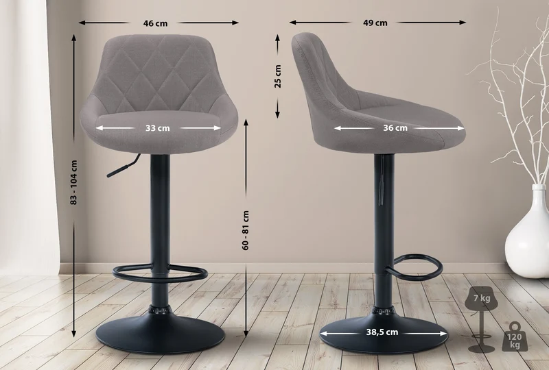Tabouret de bar x1 pivotant hauteur réglable en tissu gris surpiqûres décoratives cadre en métal noir 10_0005835