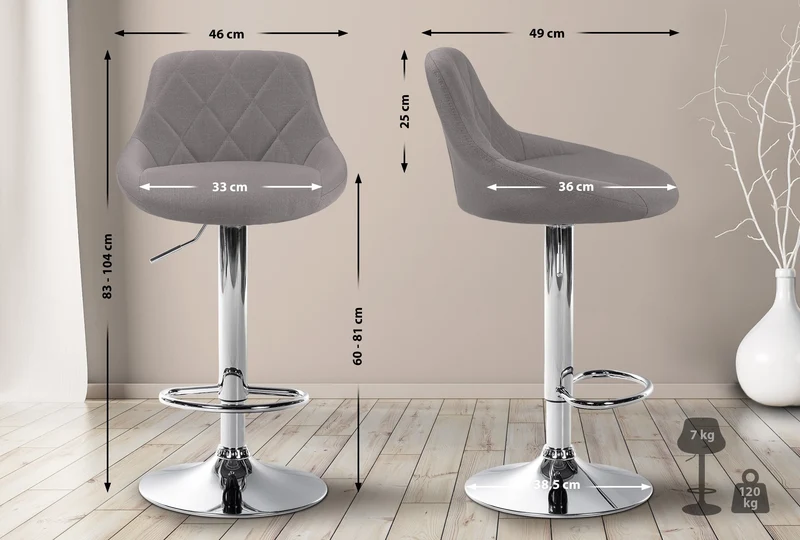 Tabouret de bar x1 pivotant hauteur réglable en tissu gris surpiqûres décoratives cadre en métal chromé 10_0005834