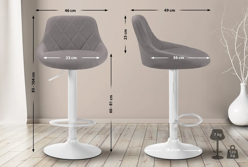 Tabouret de bar x1 pivotant hauteur réglable en tissu gris surpiqûres décoratives cadre en métal blanc 10_0005833