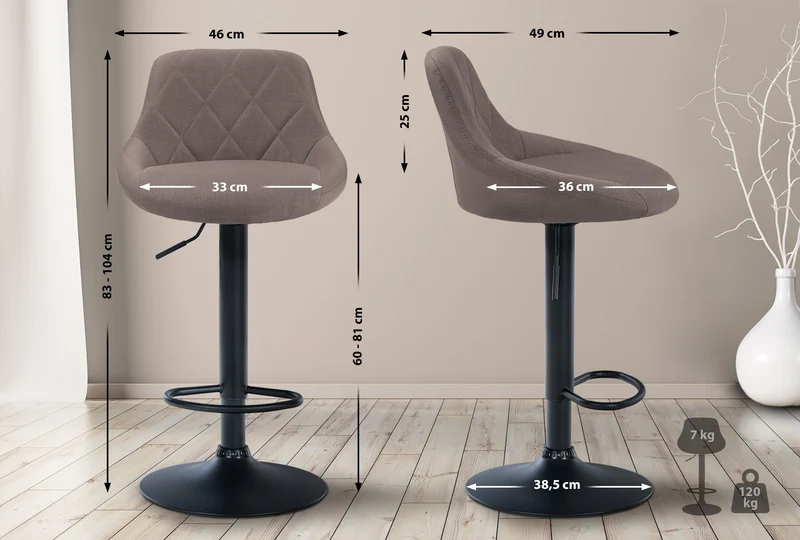 Tabouret de bar x1 pivotant hauteur réglable en tissu taupe surpiqûres décoratives cadre en métal noir 10_0005707