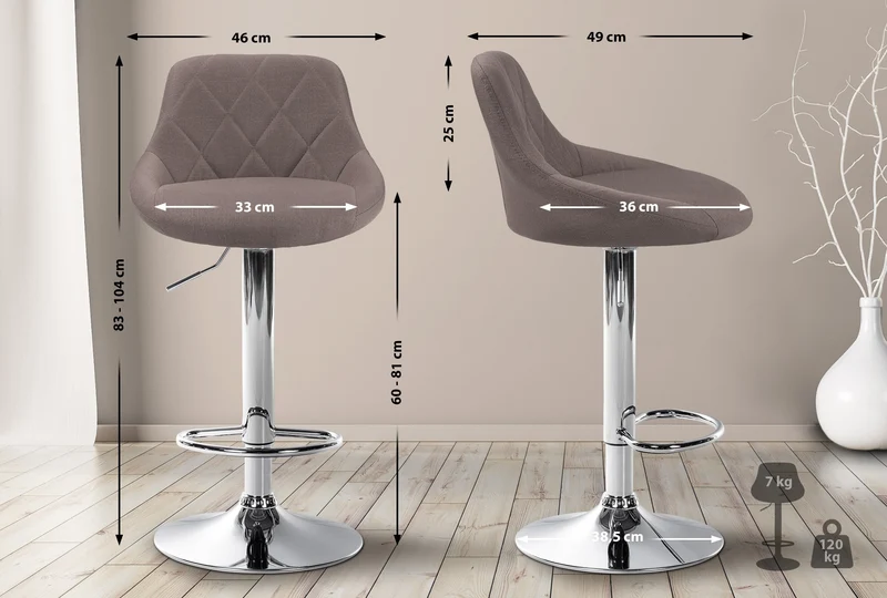 Tabouret de bar x1 pivotant hauteur réglable en tissu taupe surpiqûres décoratives cadre en métal chromé 10_0005706