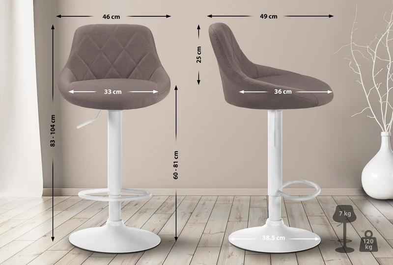 Tabouret de bar x1 pivotant hauteur réglable en tissu taupe surpiqûres décoratives cadre en métal blanc 10_0005705