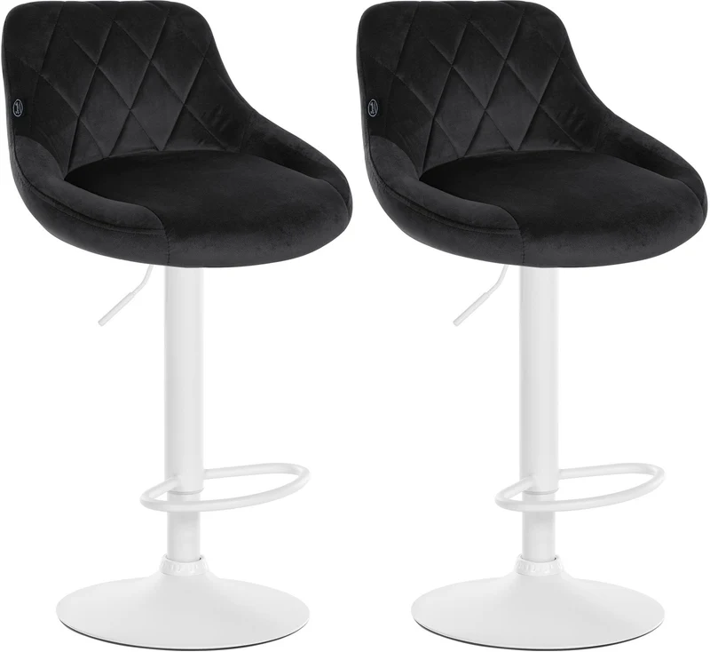 Lot de 2 tabourets de bar pivotant hauteur réglable en velours noir surpiqûres décoratives cadre en métal blanc 10_0005574