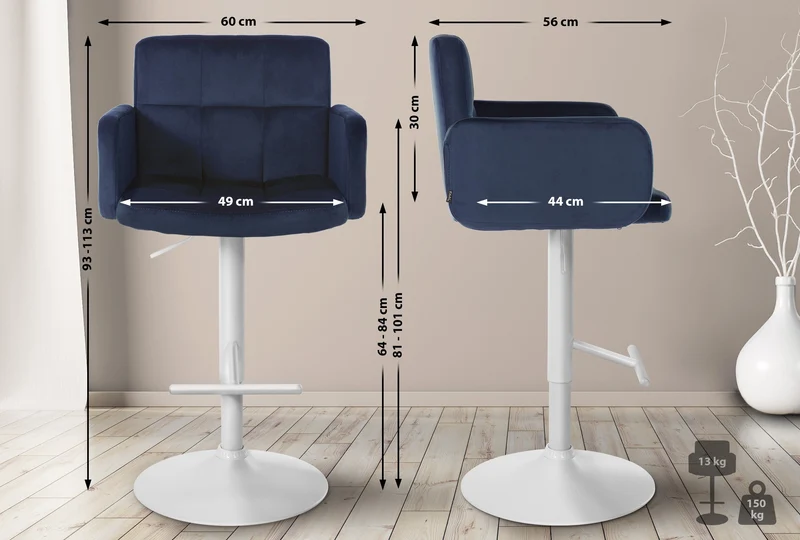 Tabouret de bar x1 avec accoudoirs et repose-pieds en velours couleur bleu cadre en métal blanc 10_0006528
