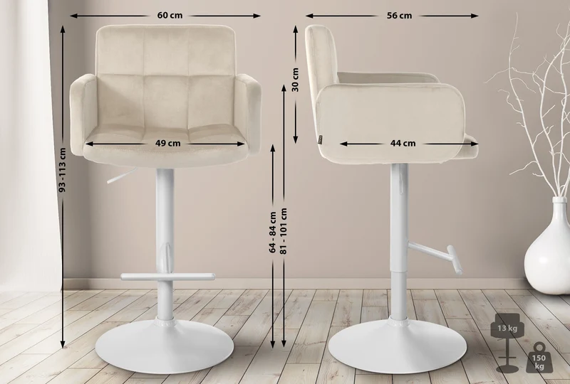 Tabouret de bar x1 avec accoudoirs et repose-pieds en velours couleur crème cadre en métal blanc 10_0006525
