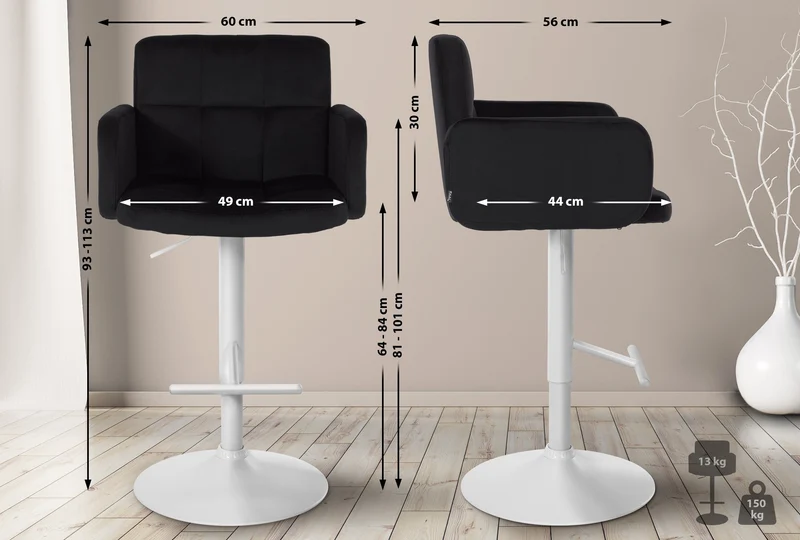 Tabouret de bar x1 avec accoudoirs et repose-pieds en velours couleur noir cadre en métal blanc 10_0006524