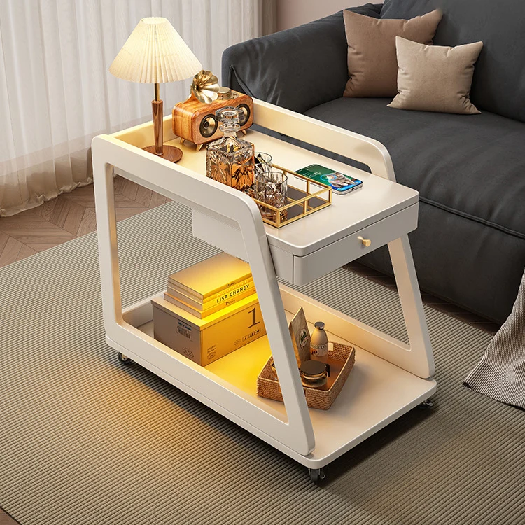 Modern Minimalist Rubberwood Plywood Rectangular Side Table With Drawer & Wheels, 2-Tier End Table For Living Room