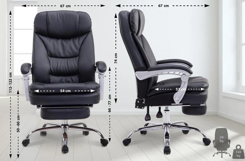 Fauteuil de bureau sur roulettes XL charge max 160 kg avec repose-pied ajustable en similicuir noir et métal 10_0006938