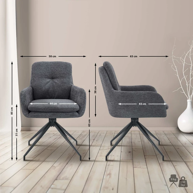 Lot de 2 chaises de salle à manger fonction pivotante confortable et moderne en tissu gris foncé cadre métal 10_0006027