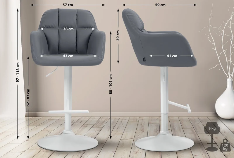 Tabouret de bar chaise haute x1 fonction rotation 360° en similicuir gris avec coutures décoratives piètement métal blanc 10_0006800