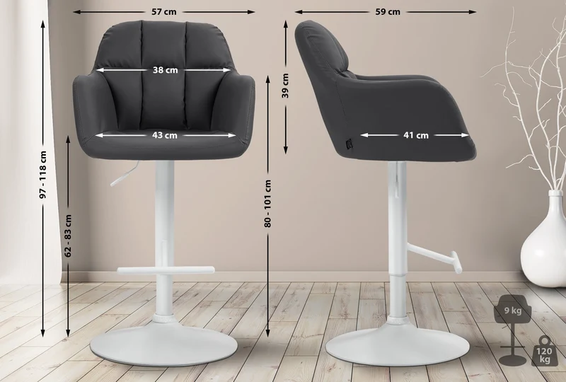 Tabouret de bar chaise haute x1 fonction rotation 360° en similicuir noir avec coutures décoratives piètement métal blanc 10_0006675
