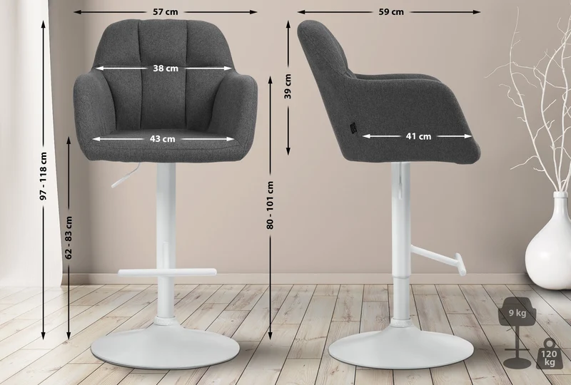 Tabouret de bar chaise haute x1 fonction rotation 360° en tissu gris foncé avec coutures décoratives piètement métal blanc 10_0006674